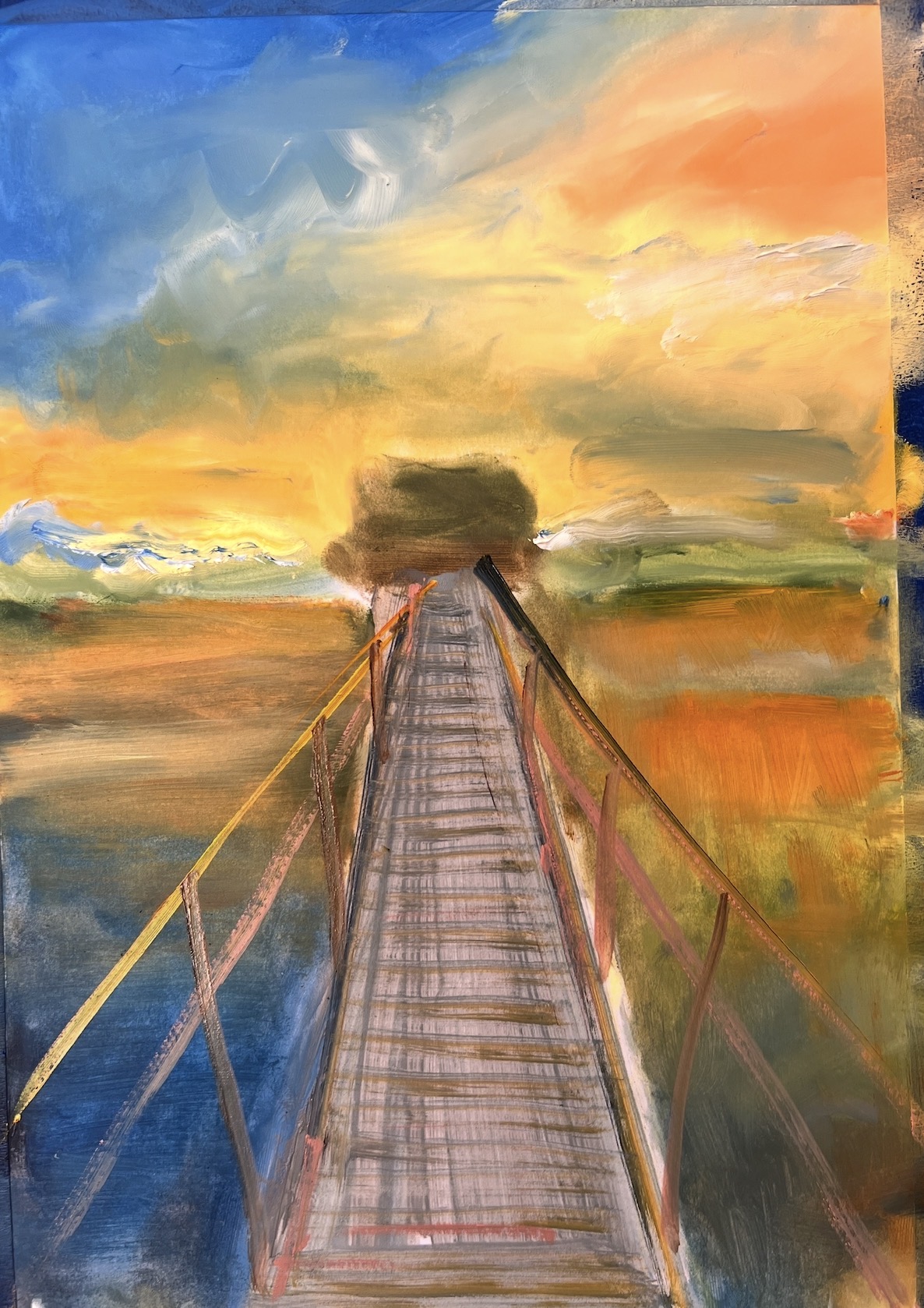 Fisherman’s House painting by Marina Stognieva in progress, oil painting, Zhytomyr region